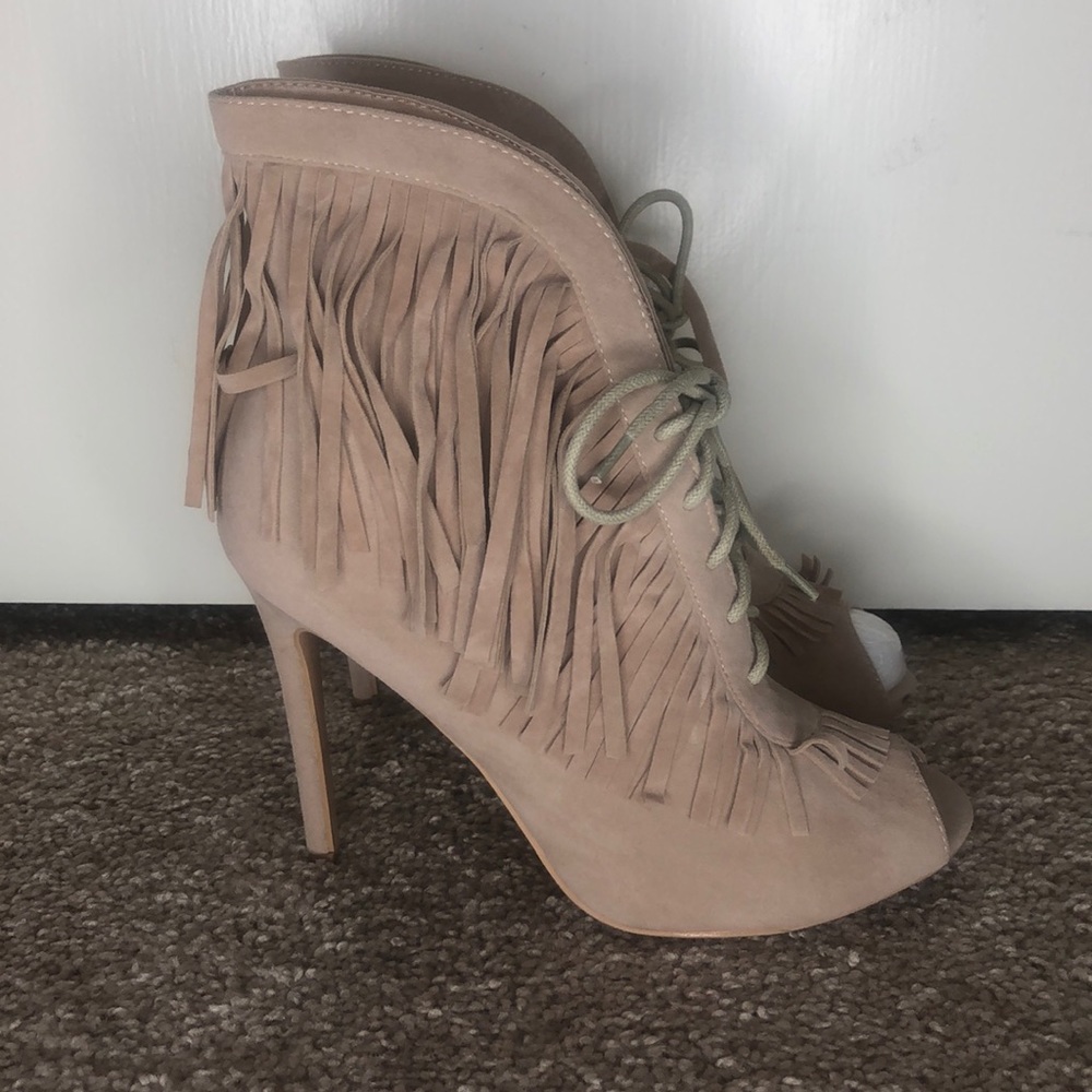 Tan Open Toe Fringe Angle Booties
